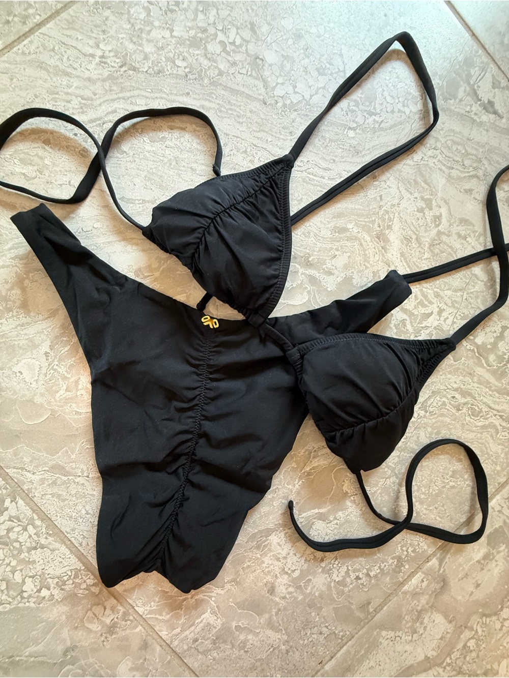 PQ Swim Black Two-Piece Ruched Triangle Bikini Set, size Small